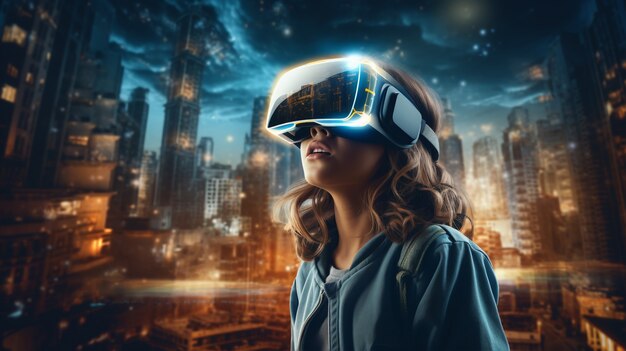 Женщина в очках виртуальной реальности в футуристическом городе