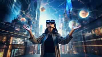 Free photo woman with vr glasses in futuristic city