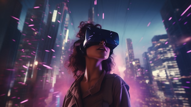 Foto gratuita donna con occhiali vr in città futuristica