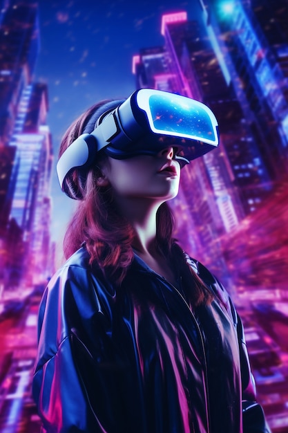 Женщина в очках виртуальной реальности в футуристическом городе