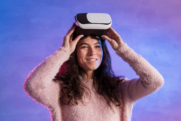 Woman with vr set in a modern minimalist room