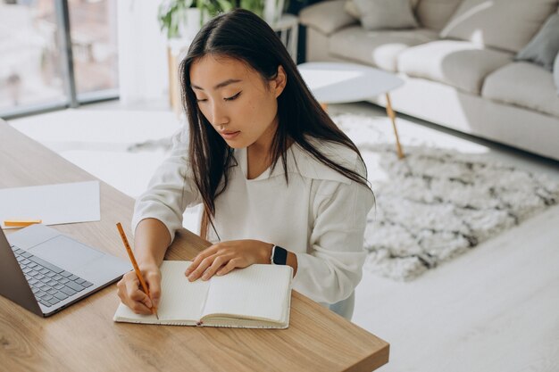 Woman working on computer at the desk from home