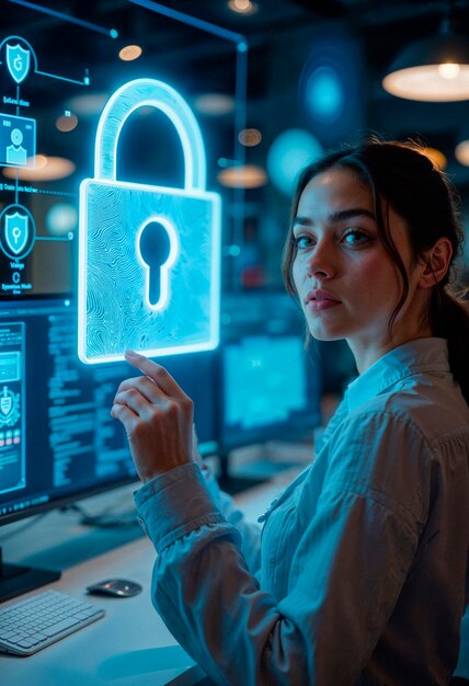 Woman working on cybersecurity and data protection.