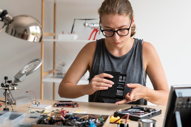 मुफ़्त फोटो woman working in her workshop for a creative invention
