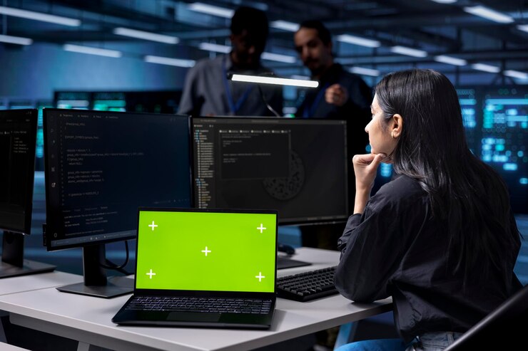 Free Photo woman working on laptop with isolated screen monitor in data center