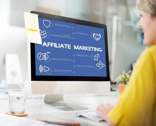 Woman working with computer. Affiliate marketing.