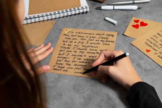 Женщина, пишущая кому-то романтическое любовное письмо.