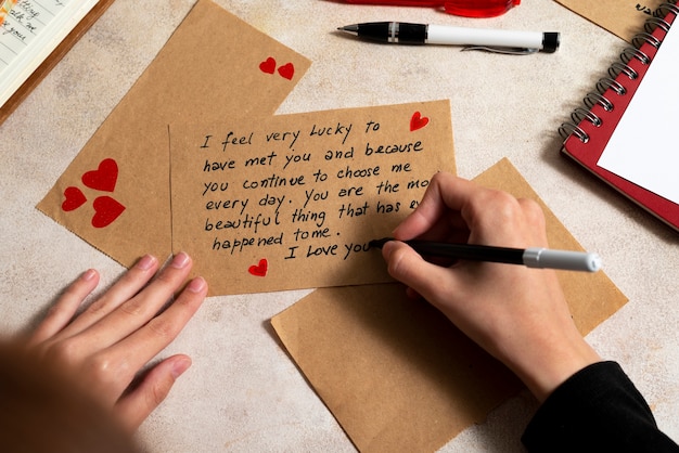 Woman writing a romantic love letter to someone