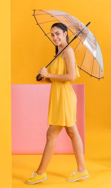 傘を持つ黄色のドレスを着た女性