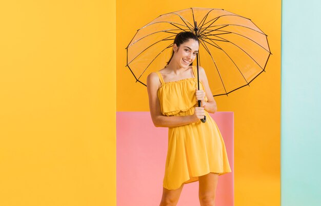 Женщина в желтом платье с зонтиком