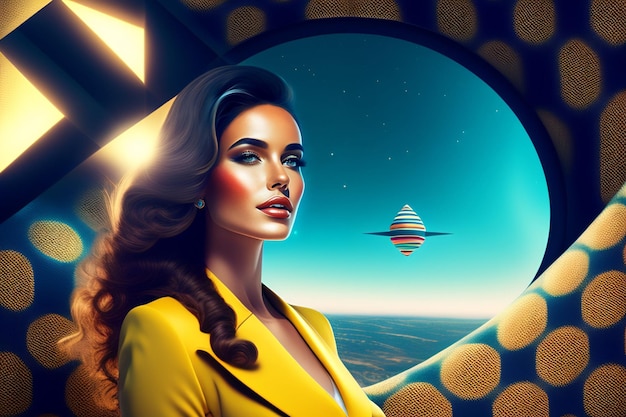 A woman in a yellow suit stands in front of a spaceship and looks at the camera.