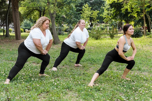 Women doing lunges in the park long view