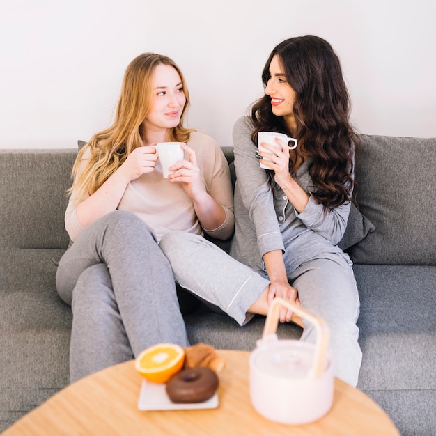 Women drinking tea on couch