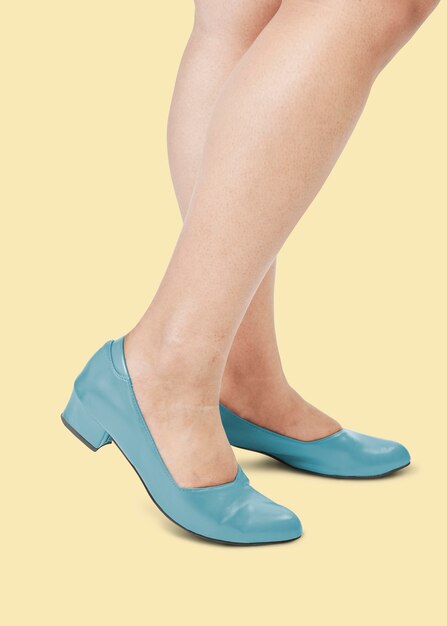 Women in fashion blue leather flat shoes apparel