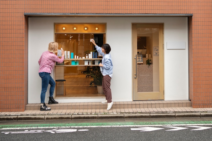 無料Photo 日本の美容師のショーウィンドウを準備している女性