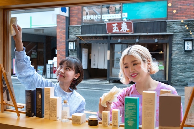 Free photo women getting the display window of a japanese hairdressers ready