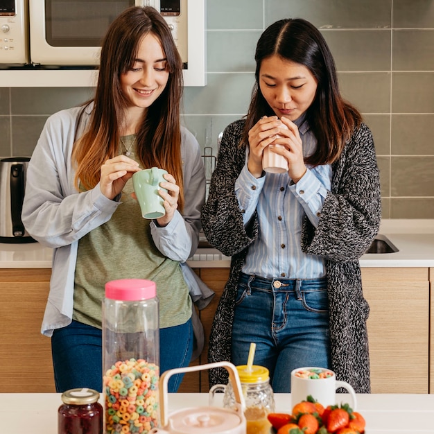 Women having breakfast on kitchen