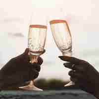 Free photo women holding champagne  glasses on the background of sunset