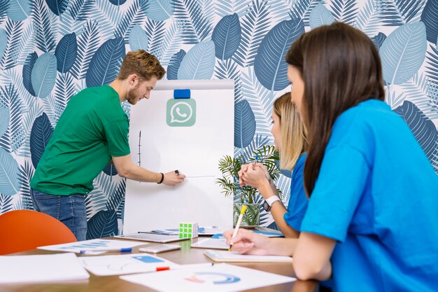 Women looking at man drawing whatsup graph on flipchart