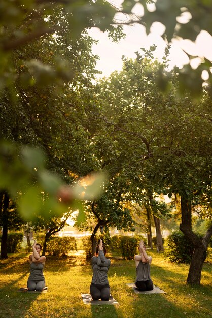 Women meditating in nature front view
