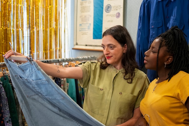 Бесплатное фото Женщины модифицируют одежду в комиссионном магазине