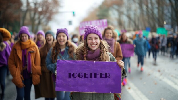 女性の日に権利を求めて抗議する女性