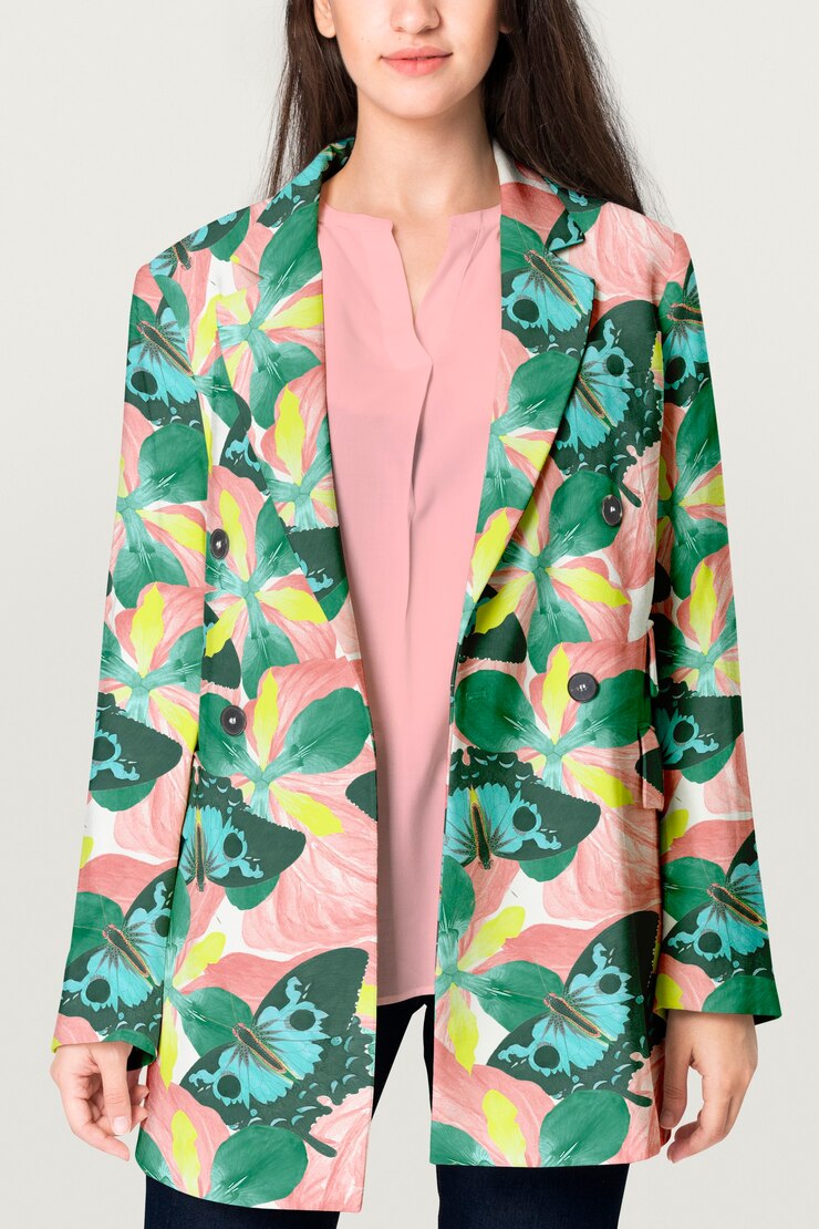 Free Photo women’s colorful blazer with tropical design business wear fashion