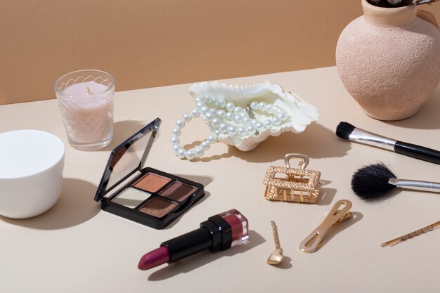 women's day still life with makeup and jewelry