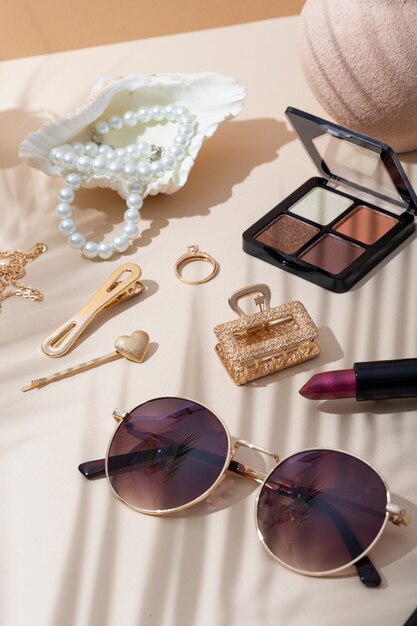 women's day still life with makeup and jewelry