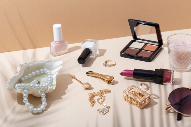 women's day still life with makeup and jewelry
