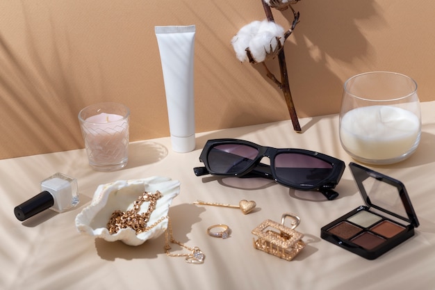 women's day still life with makeup and jewelry