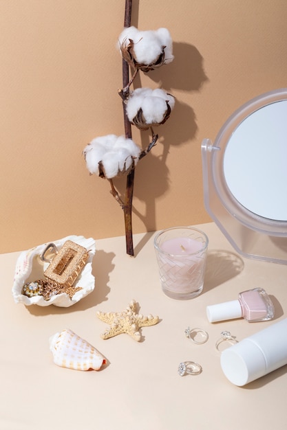 Women's day still life with makeup and jewelry