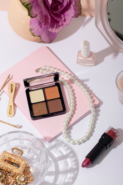 women's day still life with makeup and jewelry