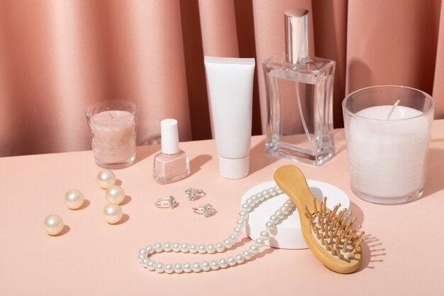 women's day still life with makeup and jewelry