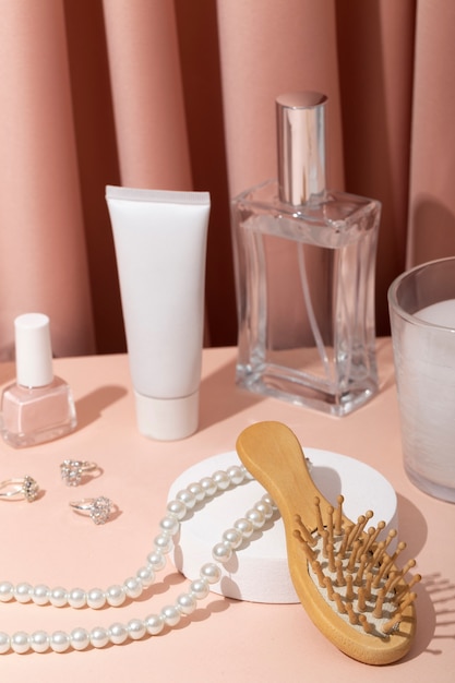 women's day still life with makeup and jewelry