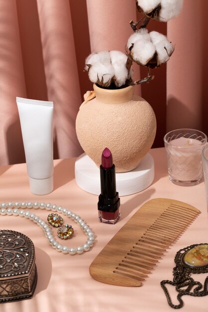 women's day still life with makeup and jewelry