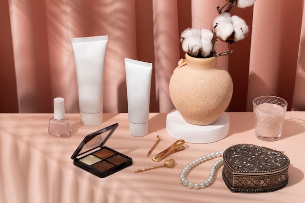 women's day still life with makeup and jewelry