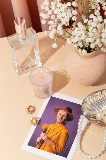 Free photo women's day still life with makeup and jewelry