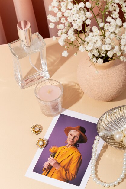 women's day still life with makeup and jewelry