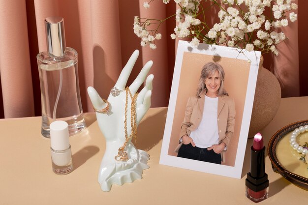 women's day still life with makeup and jewelry