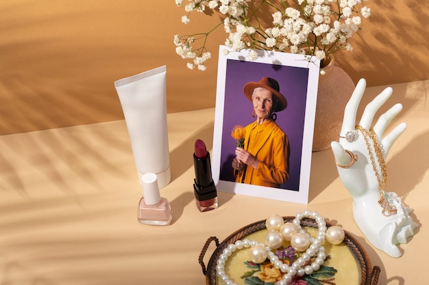 Free photo women's day still life with makeup and jewelry