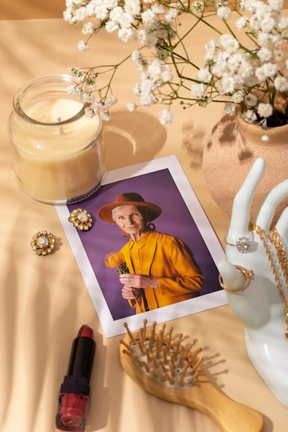 Women's day still life with makeup and jewelry