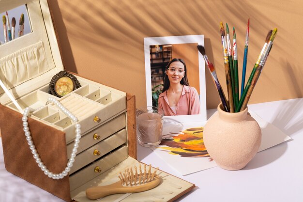 Women's day still life with makeup and jewelry