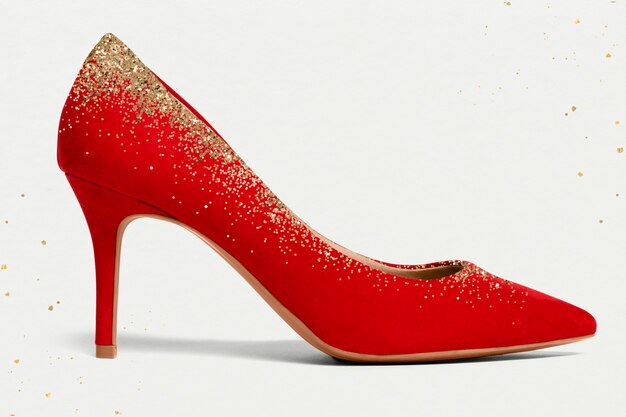 반짝이 정장 패션을 가진 여성의 우아한 빨간색 하이힐 신발