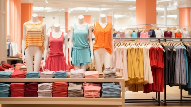 Free photo women's summer wear like tops shorts and skirts displayed in large retail stores