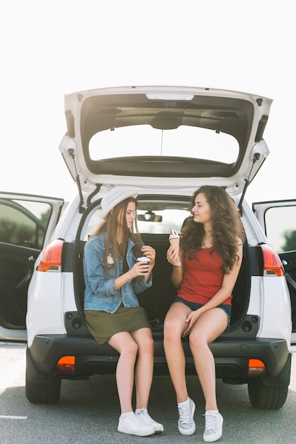 Women sitting on car trunk with food