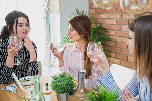 Women sitting at table holding glasses