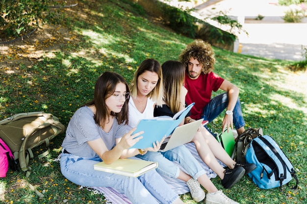 Women studying near talking friends