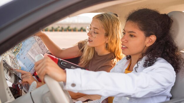 Women traveling together by car