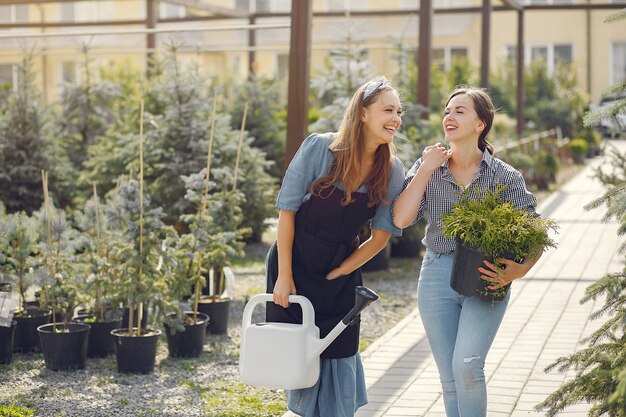 Women working in a greenhouse with a flowerpots